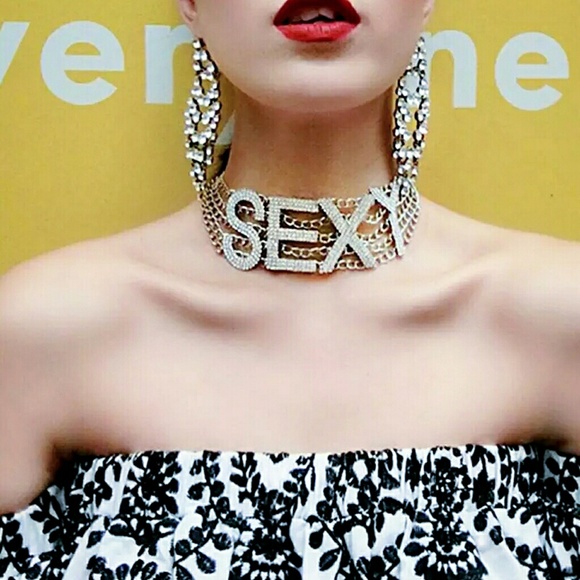 Sexy Word Rhinestone Chain Choker silver statement - Picture 3 of 5